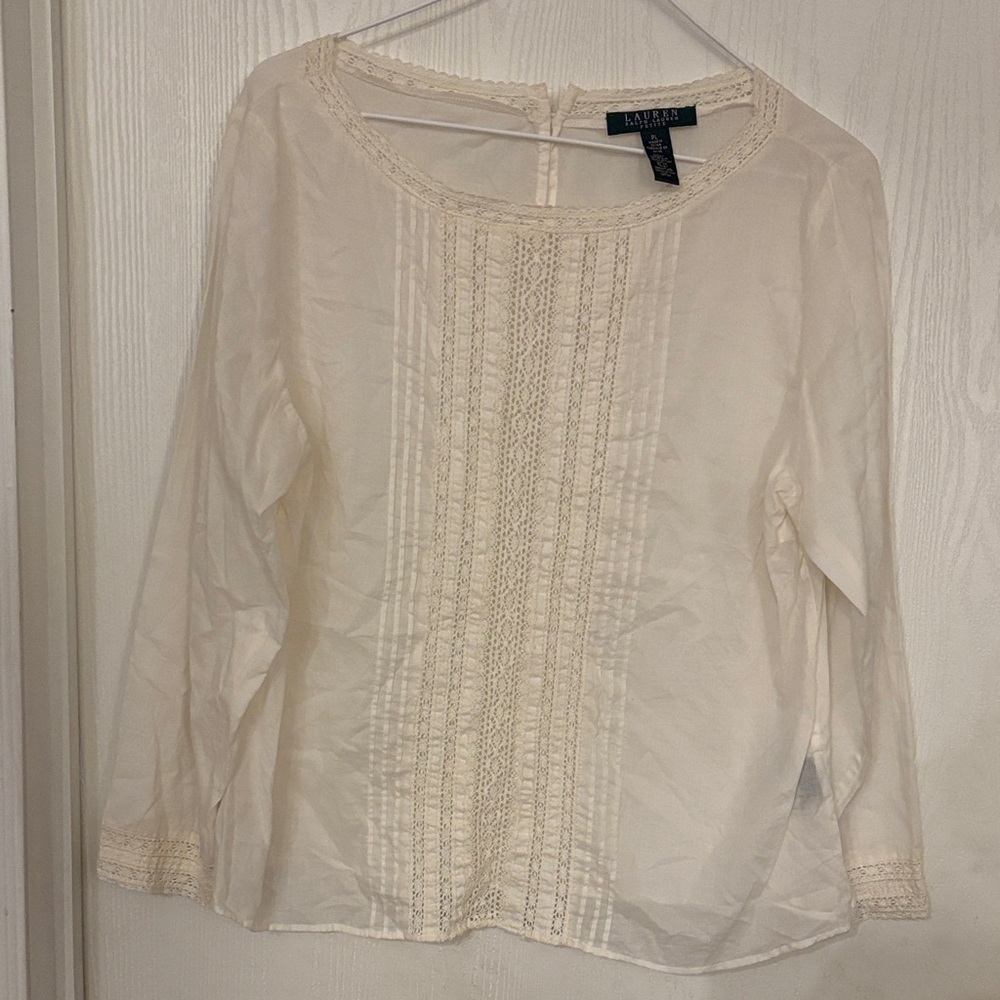 Lauren Ralph Lauren Ivory Lace-Trim Cotton Blouse